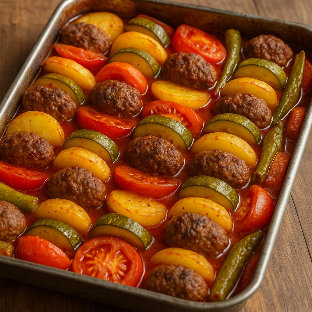Fırında Sebzeli Köfteli Tepsi Yemeği